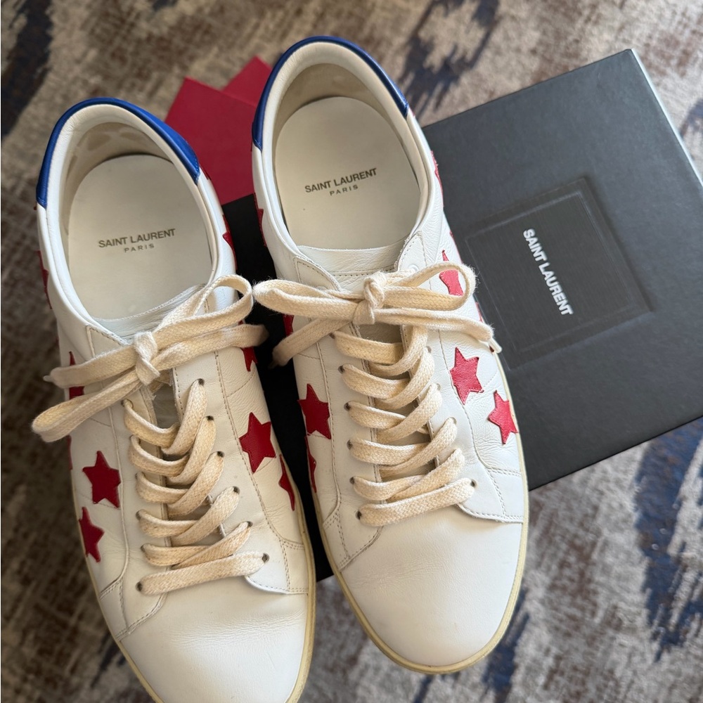 Saint Laurent White Sneakers with Red and Blue Accents